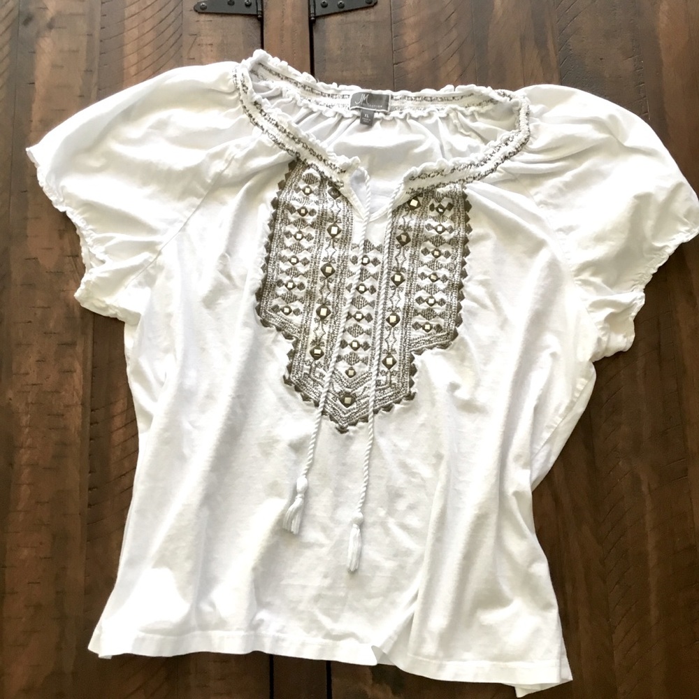 Soft White and Gray Peasant Top